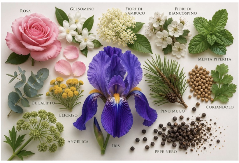 Le botaniche di Bloomé: rosa, gelsomino, fiori di sambuco e di biancospino, menta piperita, eucalipto, elicriso, iris, pino mugo, coriandolo, angelica e pepe nero