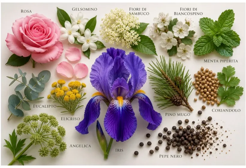 Bloomé's botanicals: rose, jasmine, elderflower and hawthorn flowers, peppermint, eucalyptus, helichrysum, orris, mountain pine, coriander, angelica and black pepper