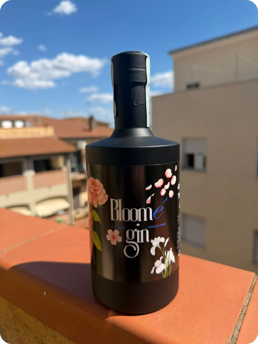 Bottle of Bloomé in the sun on a terrace