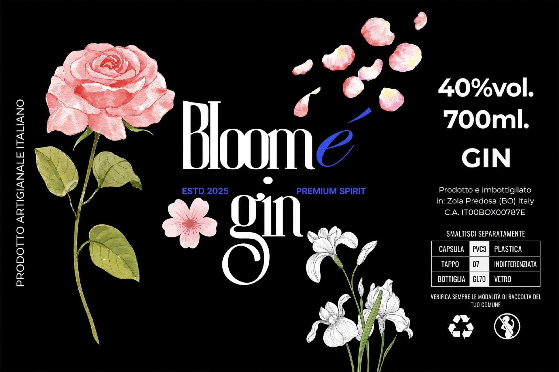 Etichetta di Bloomé gin: rosa, petali, fiore di ciliegio e iris acquerellati su fondo nero